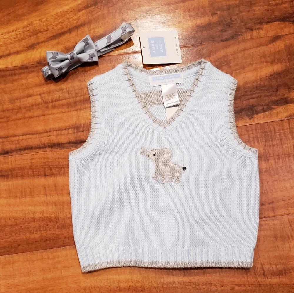 Janie and Jack NWT 3-6 months blue elephant sweater vest and matching bowtie